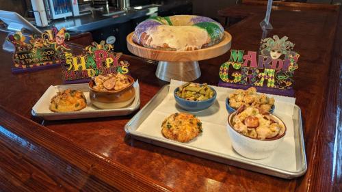 Homemade Sausage and Chicken Jambalaya with Fried Okra, Italian Green Beans, Cheddar Bay Biscuit and King Cake